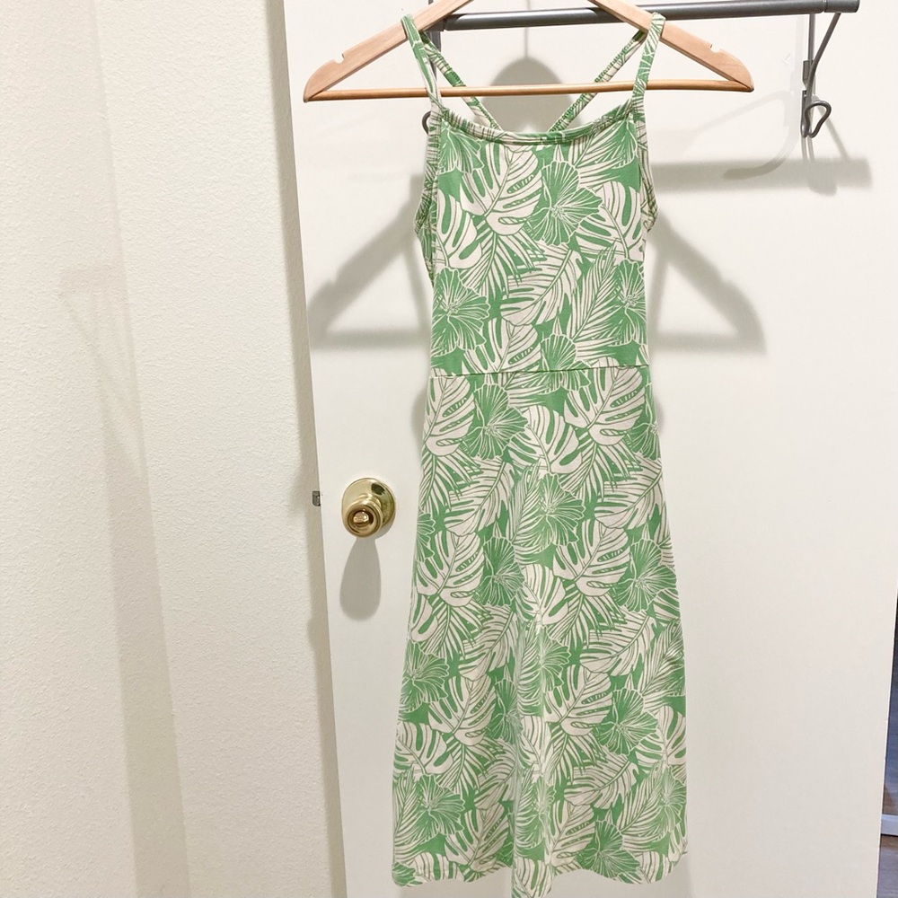 Pact midi dress fit and flare green palm leaf sundress beach vacation